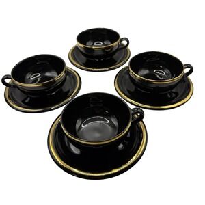 Waechtersbach West Germany Black Gold Cup and Saucer Set 4 Vtg Espresso Coffee